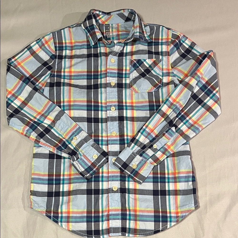Arizona Jean Co Boys Plaid Button Down Shirt Multicolor Plaid Size Medium 10/12
